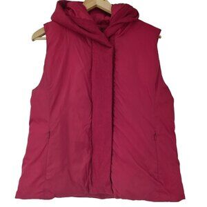 Eileen Fisher Red Down Puffer Vest Size M Pockets Hood Zipper Snap Classic